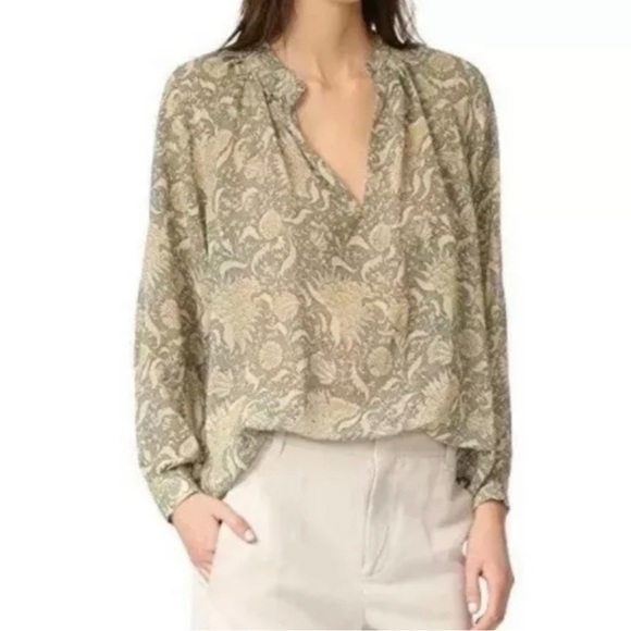 Vince Tops - Vince Vintage Floral Pleat Silk Top M Green Beige Slit Neckline Boho Oversized